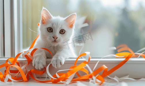 有趣的白色虎斑猫正在窗边玩橙色丝带