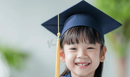快乐的亚洲学校孩子毕业戴着毕业帽
