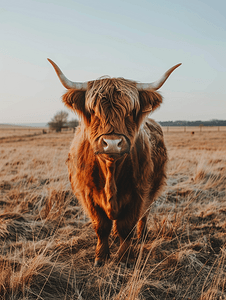 农场牧场里可爱的棕色毛茸茸的奶牛