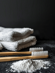 木制的刷子摄影照片_深色背景中的竹牙刷小苏打和浴室毛巾