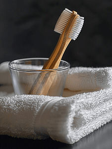 木制的刷子摄影照片_深色背景中玻璃中的竹牙刷和浴室毛巾