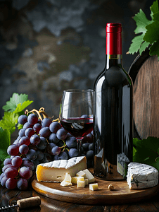 一瓶酒配葡萄和奶酪盘