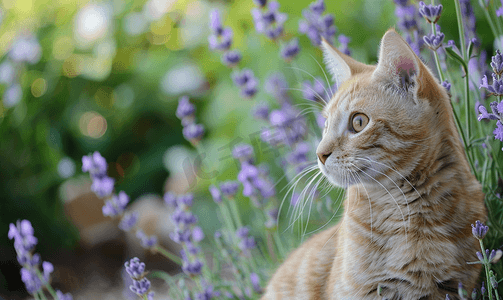 猫和薰衣草花背景