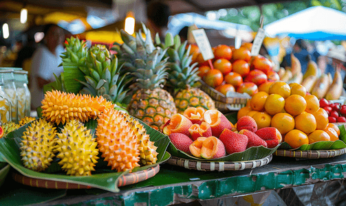 一堆水果卡通摄影照片_泰国普吉岛食品市场柜台景观与异国情调的水果