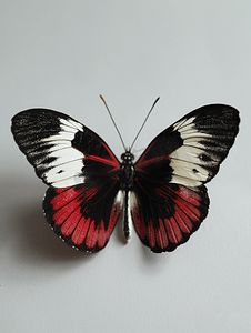 昆虫叶子摄影照片_张开翅膀的黑红白蝴蝶