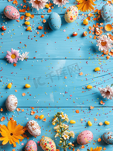 蓝色的花朵摄影照片_蓝色木质背景的顶部景色配有复活节蛋糕彩色鸡蛋和春天的花朵