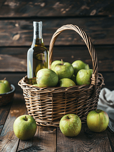 木质背景上放着成熟青苹果和一瓶苹果醋的柳条篮