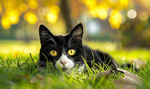 阳光明媚的日子树下草地上长着黄眼睛的黑白猫