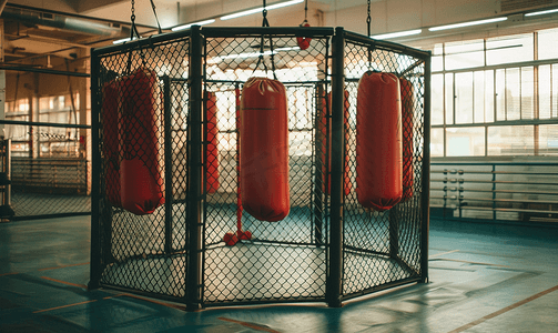 健身设施摄影照片_体育馆内有一个八角形的跆拳道笼里面放着拳击袋