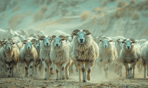 一群公羊沿着总督行走