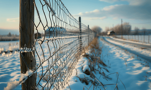 冬天的围栏网房子周围的围栏城外的房子