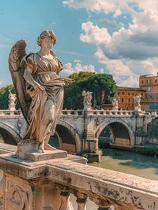 在罗马圣天使桥上的雕像拍照