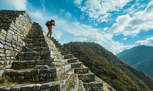 游客在山中拍摄石金字塔的照片