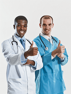 医生护理摄影照片_医疗保健医疗男医生与听诊器同事竖大拇指