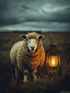 草牛羊摄影照片_带灯的棕色羊牧场