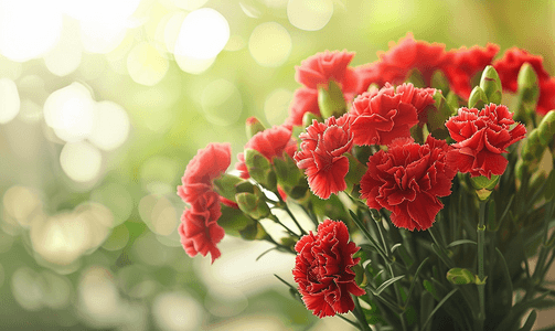 绿叶背景的红色康乃馨花束