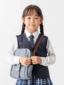 上学可爱摄影照片_身穿校服、白色背景书包的亚洲儿童肖像