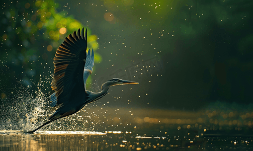 大黑水鸟苍鹭鹳飞静水普吉岛泰国