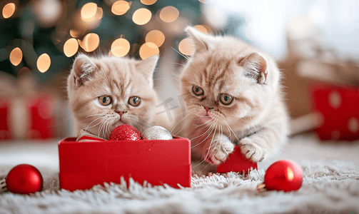 镜子动物摄影照片_异国情调的短毛波斯小猫打开一个红色盒子里面装着礼物