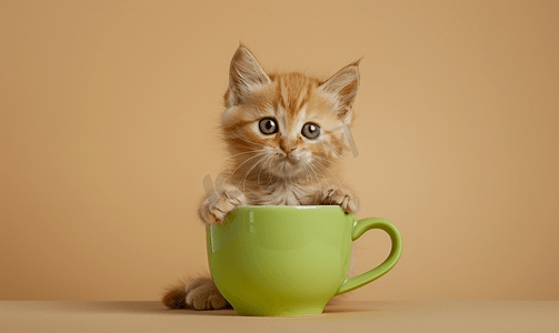 米色背景中一只奶油色的异国小猫正坐在一个绿色的大杯子里