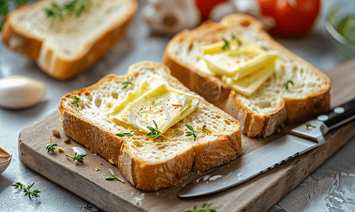 在真正的厨房里灰色木桌上的早餐上配有黄油和刀的烤面包