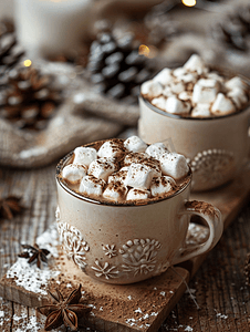 木质背景下的甜热可可和棉花糖冬季圣诞饮料