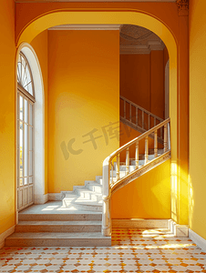 黄色房屋摄影照片_带黄色后墙漆的房屋内部