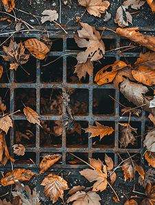 生锈的下水道格栅上覆盖着各种干落叶和树枝