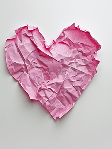 破碎心摄影照片_破碎的心由粉红色皱巴纸制成孤立在白色背景上