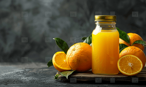 深色木桌上放着一罐新鲜橙汁和新鲜水果