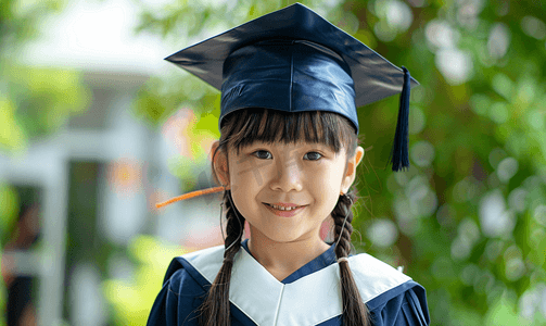 毕业季狂欢购摄影照片_快乐的亚洲学校孩子毕业戴着毕业帽