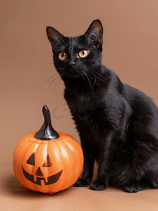 鬼节背景摄影照片_棕色背景中带有万圣节南瓜的黑猫品种奇异