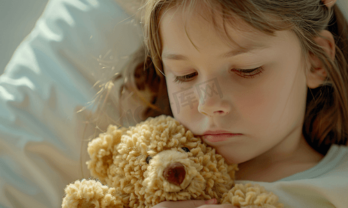 绿马玩偶摄影照片_抱着玩偶熊的小女孩生病住院特写