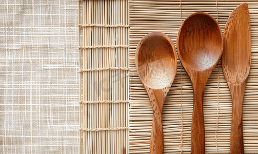 竹制底板上的天然木质盘子、勺子和叉子