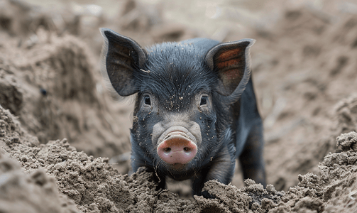 鼻子上沾满泥土的可爱黑色小猪