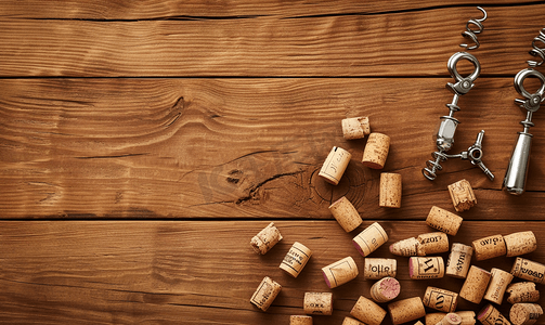 木质背景顶视图上的葡萄酒软木塞和两个开瓶器