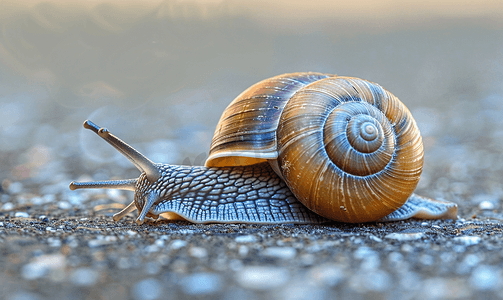 蜗牛壳摄影照片_混凝土地板上的大螺旋蜗牛特写