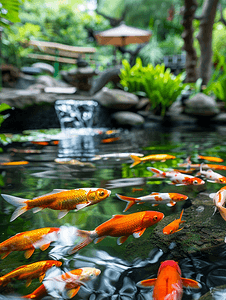 禅宗绿色花园池塘里的金鱼