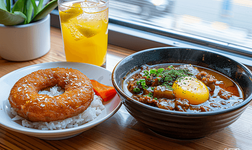 早餐包括日式咖喱饭、柠檬水和甜甜圈