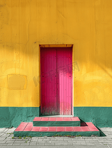 成功门摄影照片_带粉色门和绿色楼梯的黄色墙壁的全画幅视图