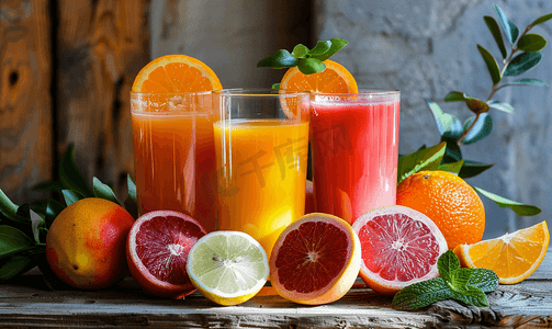 木桌上乡村风格的果汁和柑橘类水果杯