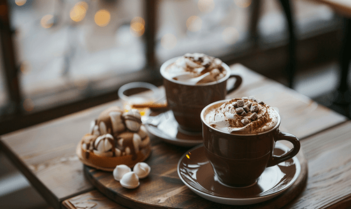 热巧克力杯摄影照片_咖啡馆桌上的热巧克力可可饮料
