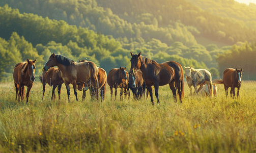 马牛摄影照片_背景中马群和牛群在草地上吃草