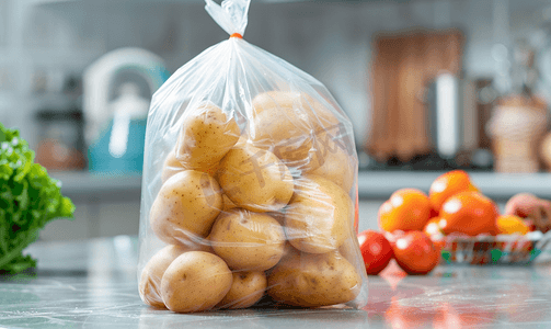 装着土豆的袋子厨房里的蔬菜塑料袋里的土豆市场上的孩子们