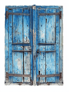 白色背景上孤立的旧复古蓝色木窗