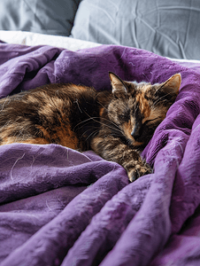 可爱的龟甲猫正躺在床上的紫色毯子上