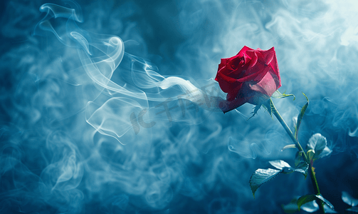 蓝色烟雾和蓝色背景中的红玫瑰