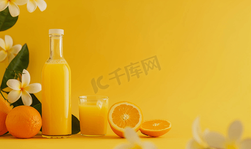 橙汁海报免费摄影照片_玻璃杯中的天然橙汁侧面有瓶子