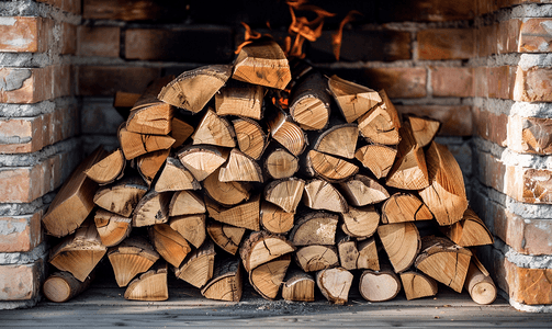 砖壁炉中的一堆木柴和火