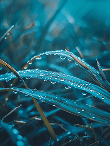 秋季蓝色背景雨天草叶上的水滴